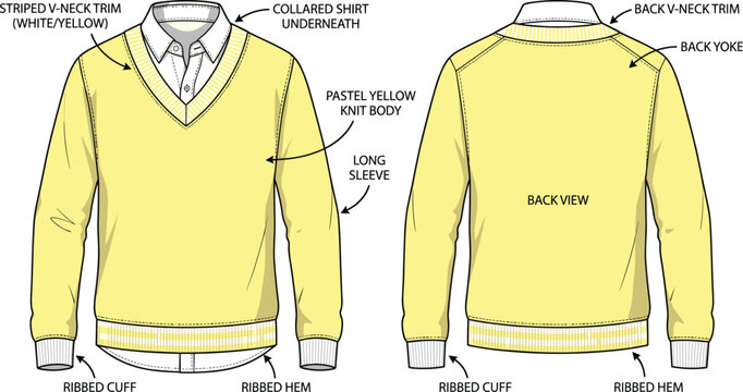 Striped trim v neck pullover sweater over collared shirt vector flat sketch back yoke and ribbed details view.