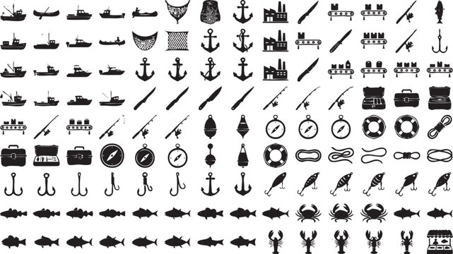 Collection of black vector graphic silhouettes representing various fishing equipment boats marine life and industrial processing tools for commercial designs