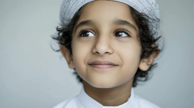 Young Middle Eastern boy with curly black hair, wearing a traditional white dishdasha and a white kumma, looking thoughtfully upwards against a neutral background.