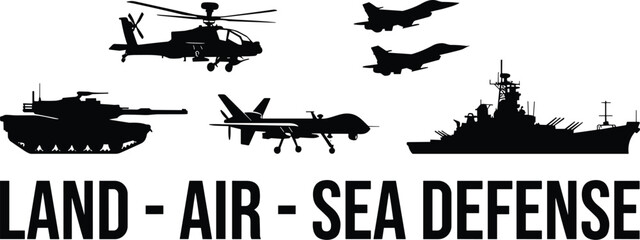 Obraz premium Military defense concept with land, air, and sea vehicles including tanks, fighter jets, helicopter, and battleship icon