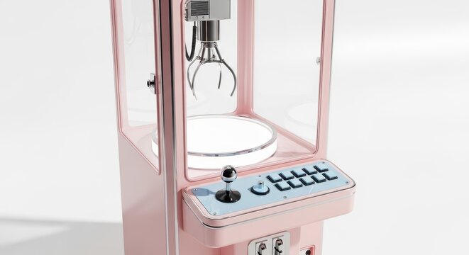 A modern pink claw machine arcade game with a joystick and buttons, isolated on white background