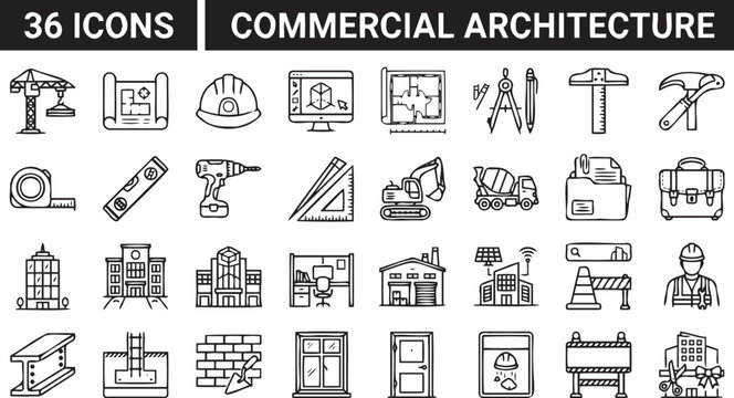 Professional vector illustration set featuring thirty six detailed line icons representing commercial architecture construction tools and various building development concepts