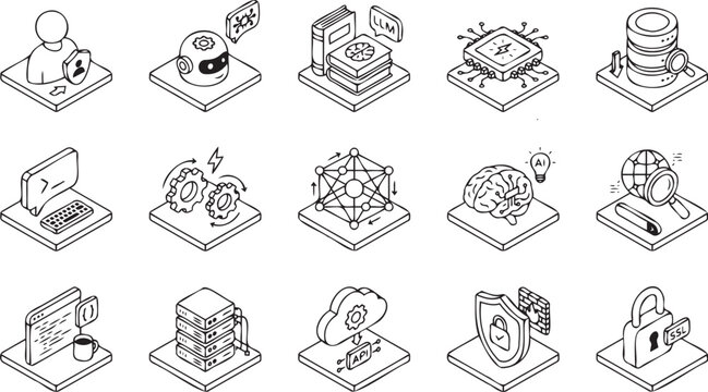 Detailed set of fifteen isometric vector icons representing modern artificial intelligence computing concepts and digital security technology software development processes