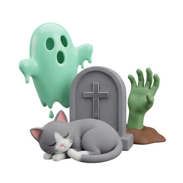 Cute Cat Sleeping Near Halloween Characters