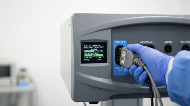 Technician checking cable into electrosurgical generator unit in clinical. Technical engineering specialist bipolar input port diagnostics. Repair of medical equipment. Diagnostic system. Copy-space.