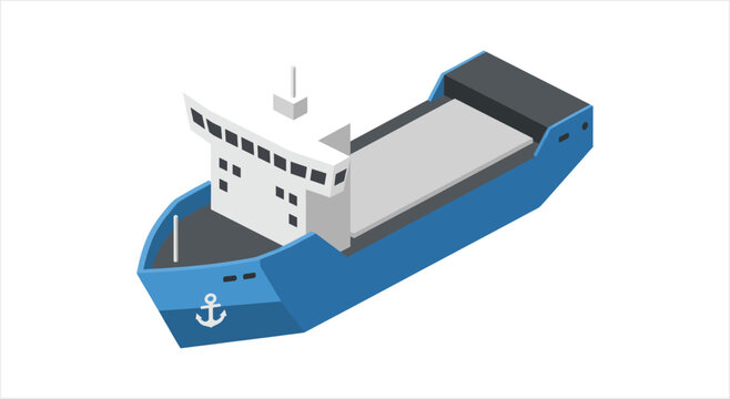 Isometric blue cargo ship illustration with anchor symbol.