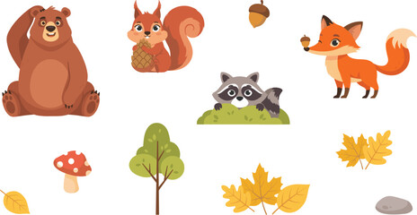 Fototapeta premium Cute Forest Animals and Autumn Elements Vector Set Featuring Cartoon Bear, Fox, Squirrel, and Raccoon with Woodland Leaves, Trees, and Mushrooms