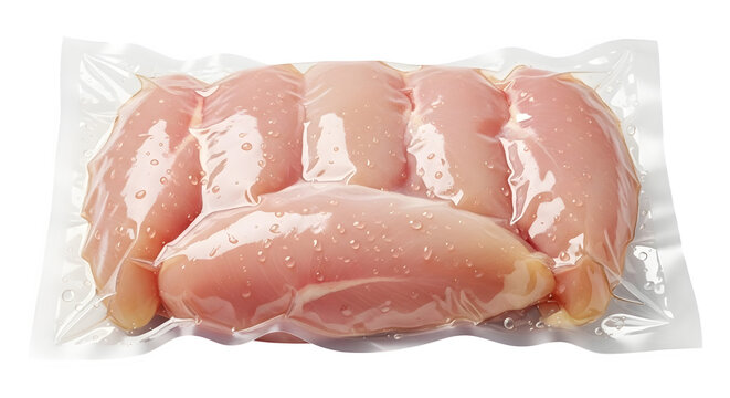 Raw chicken breast vacuum sealed in transparent plastic packaging