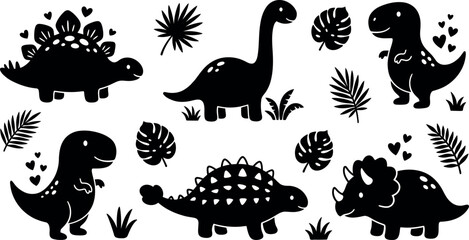 Cartoon Dinosaur Silhouettes with Hearts Baby Prehistoric Characters and Jungle Leaf Icons  © MirzaAsmaul