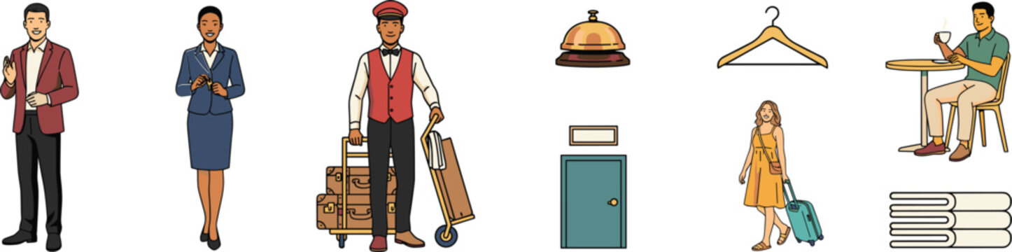 Hotel Service Staff and Hospitality Elements Vector Set Featuring Receptionist Bellhop Guest Luggage Bell and Towels for Tourism and Accommodation Designs
