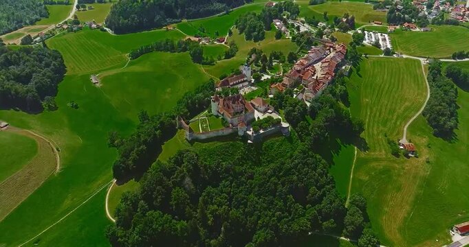 Aerial view of beautiful Gruyeres Castle in Switzerland
