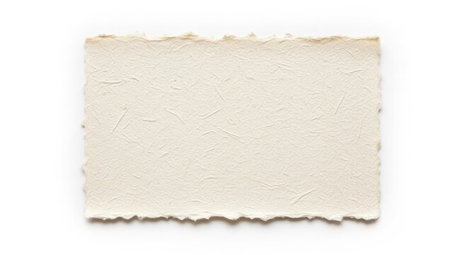 Handmade textured paper sheet with deckle edges isolated on white background
