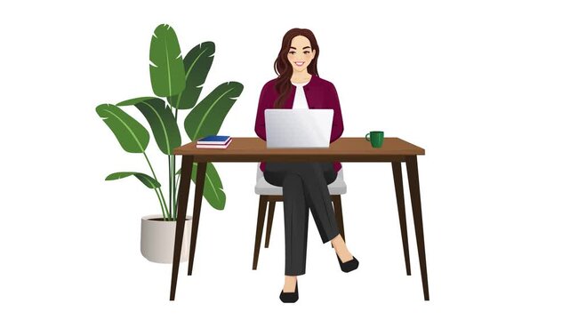 Loopable 2D vector animation of a businesswoman sitting at desk and typing on laptop on white background	