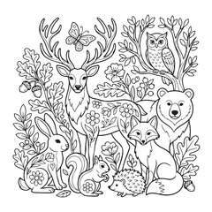 Fototapeta premium Woodland animals, forest creatures, wildlife illustrations, coloring book page, black and white