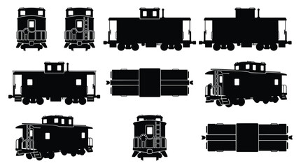 Obraz premium Railway Caboose Guard Car Silhouette Set — Vintage Freight Train Wagon Vector Icons Isolated on White