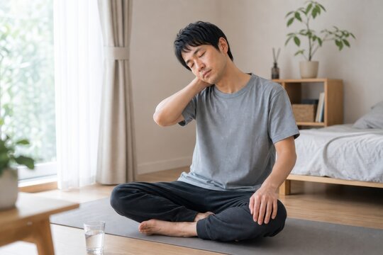 床に座って首をほぐす男性のリラックスケア