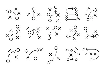 Football Strategy Playbook Icons Set, Tactical Game Plan Diagrams with X and O Players, Movement Arrows. Grid of 8 sports strategy diagrams using symbolic player icons.  © Gemivector5