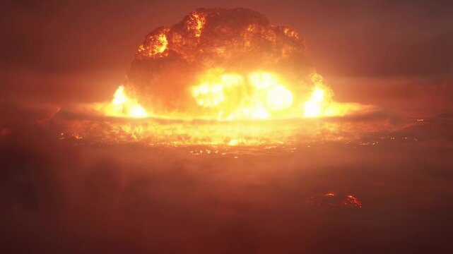 Massive explosion erupts into fiery mushroom cloud with fiery debris and intense heat