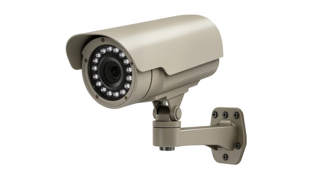 Beige security camera with infrared LEDs and adjustable bracket, isolated on transparent background