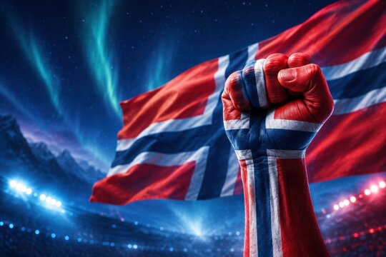 Norway Football Supporter Fist With Nordic Flag and Cold Blue Stadium Atmosphere