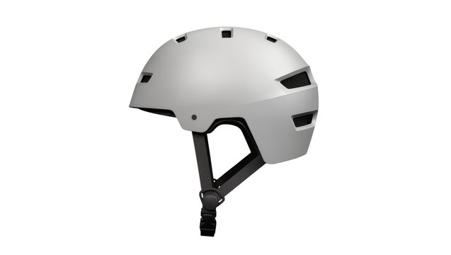 Modern grey bicycle helmet with black straps, isolated on transparent background