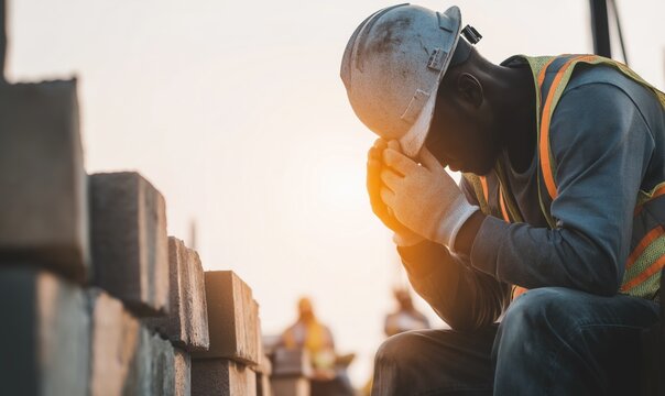 Construction worker sits on bricks and rubs forehead while taking a break during busy workday at construction site in evening light