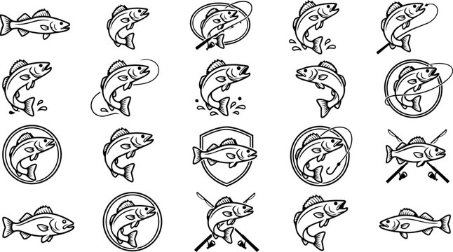 Walleye Fishing Vintage Badge Illustration Collection Set