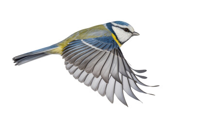 Blue tit bird in flight with wings spread, isolated on transparent background © Claudia