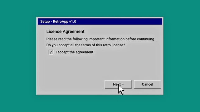 Retro software installation user agreement and progress bar on vintage interface