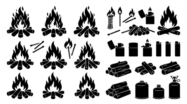 Campfire And Fire Starting Equipment Silhouette Collection On White Background