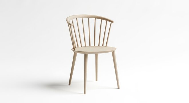 Minimalist wooden dining chair with spindle back design isolated on white background