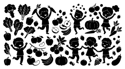 Fototapeta premium Black Silhouette Collection Of Children Fruits Vegetables And Berries