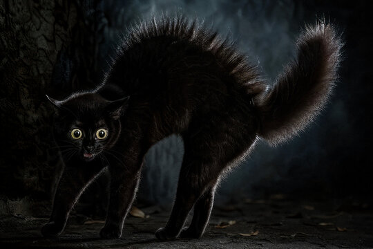 Scared black cat with wide glowing eyes looking terrified in the dark