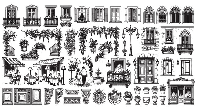 European Architectural Elements Collection With Windows Balconies Doors Shutters Cafe Street Details