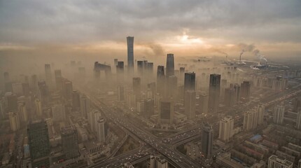 Fototapeta premium Urban Skyline Covered by Severe Smog and Industrial Emissions Illustrating Air Pollution Climate Change and Public Health Risks