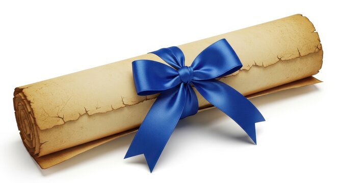 An antique parchment scroll tied with a vibrant blue silk ribbon isolated on white background
