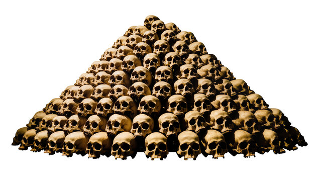 Large pyramid of human skulls, isolated on transparent background
