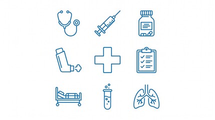 Fototapeta premium Outlined medical icons showing diagnostics, treatment, respiratory health, patient care, and pharmaceuticals in a minimalist style.
