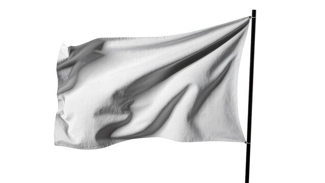 Waving white fabric flag on black pole, isolated on transparent background