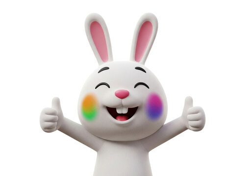 A white cartoon bunny with rainbow cheeks and a cheerful expression isolated on transparent background, PNG