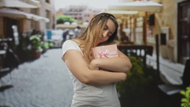 Woman hugging pink gift present on street with arms wrapped around box in affectionate hold; tenderness celebration.