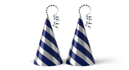 Fototapeta premium Two blue and silver striped party hats with curly ribbons on top isolated on white background