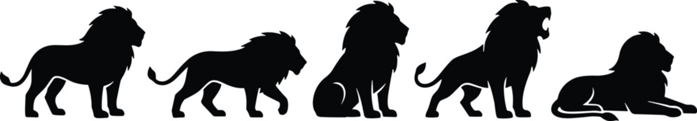 Set of lion silhouettes in various poses including standing, walking, sitting, roaring, and lying down for wildlife design © Afrin