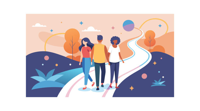 Three friends walking together on a cosmic path at sunset