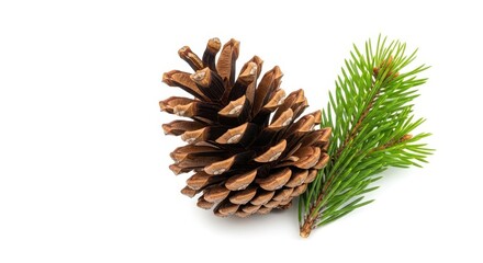 Fototapeta premium Brown pine cone with a green fir branch isolated on white background