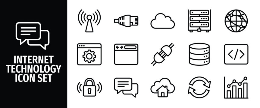 Set of internet technology icons in line style, including antenna, ethernet cable, cloud, server, globe, settings, browser, power plug, database, code, security lock, chat, smart home, sync, and chart
