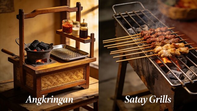 Traditional Indonesian Angkringan Food Stall and Satay Grilling Over Charcoal