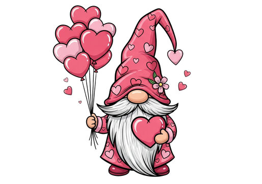 A pink gnome holding heart shaped balloons isolated on transparent background, PNG
