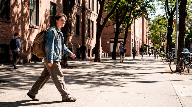 Student walking on city sidewalk with backpack on sunny school morning