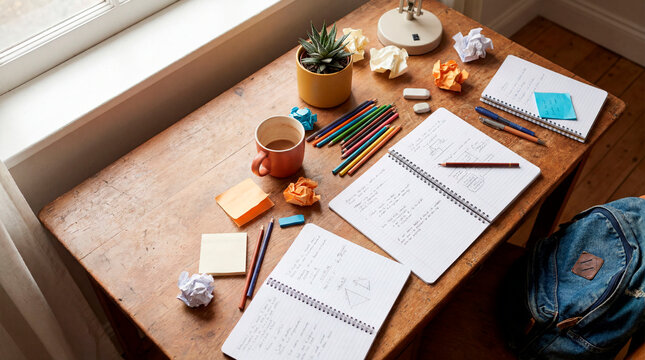 Messy student desk with notebooks colored pencils and crumpled paper by window